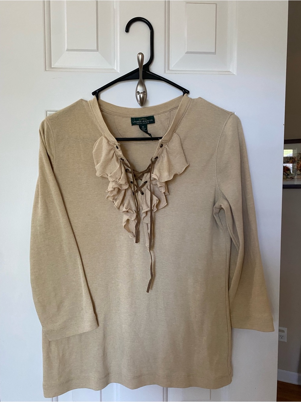 Ralph Lauren Beige Ruffle Lace-Up Long Sleeve Top
